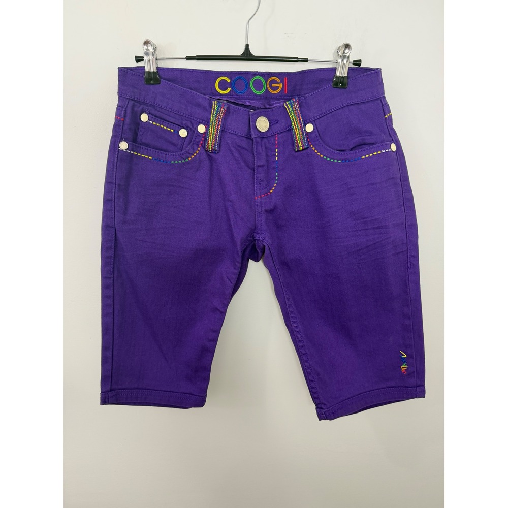 COOGI Purple Denim Shorts Rainbow Stitching Embroidered Logo Size 7/8 Y2K HipHop